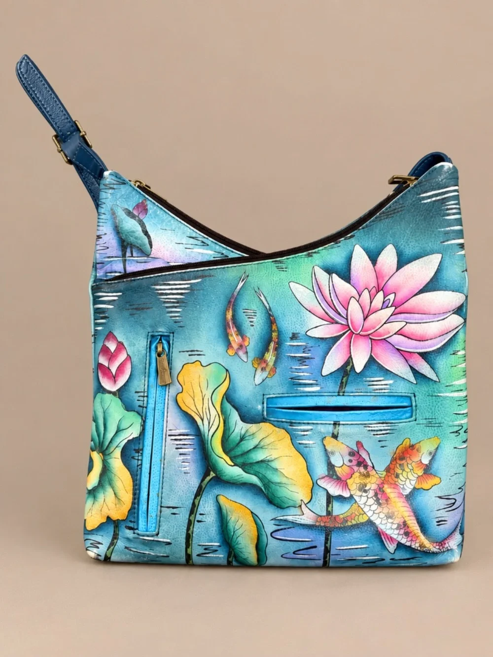 Anuschka Hand Painted Leather Koi Fish Lotus Hobo Shoulder Bag